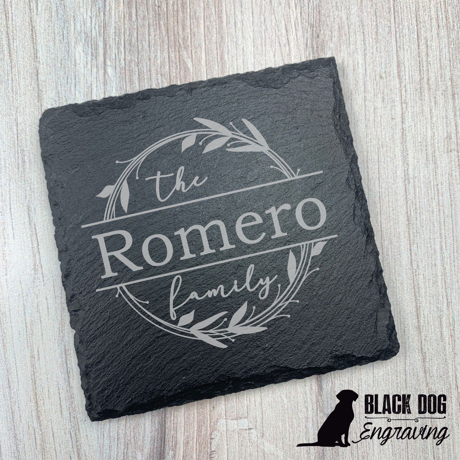 Leaf Family Name Personalized Slate Stone Coasters - SET of TWO - Black Dog Engraving