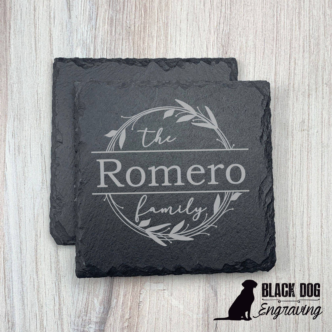 Leaf Family Name Personalized Slate Stone Coasters - SET of TWO - Black Dog Engraving