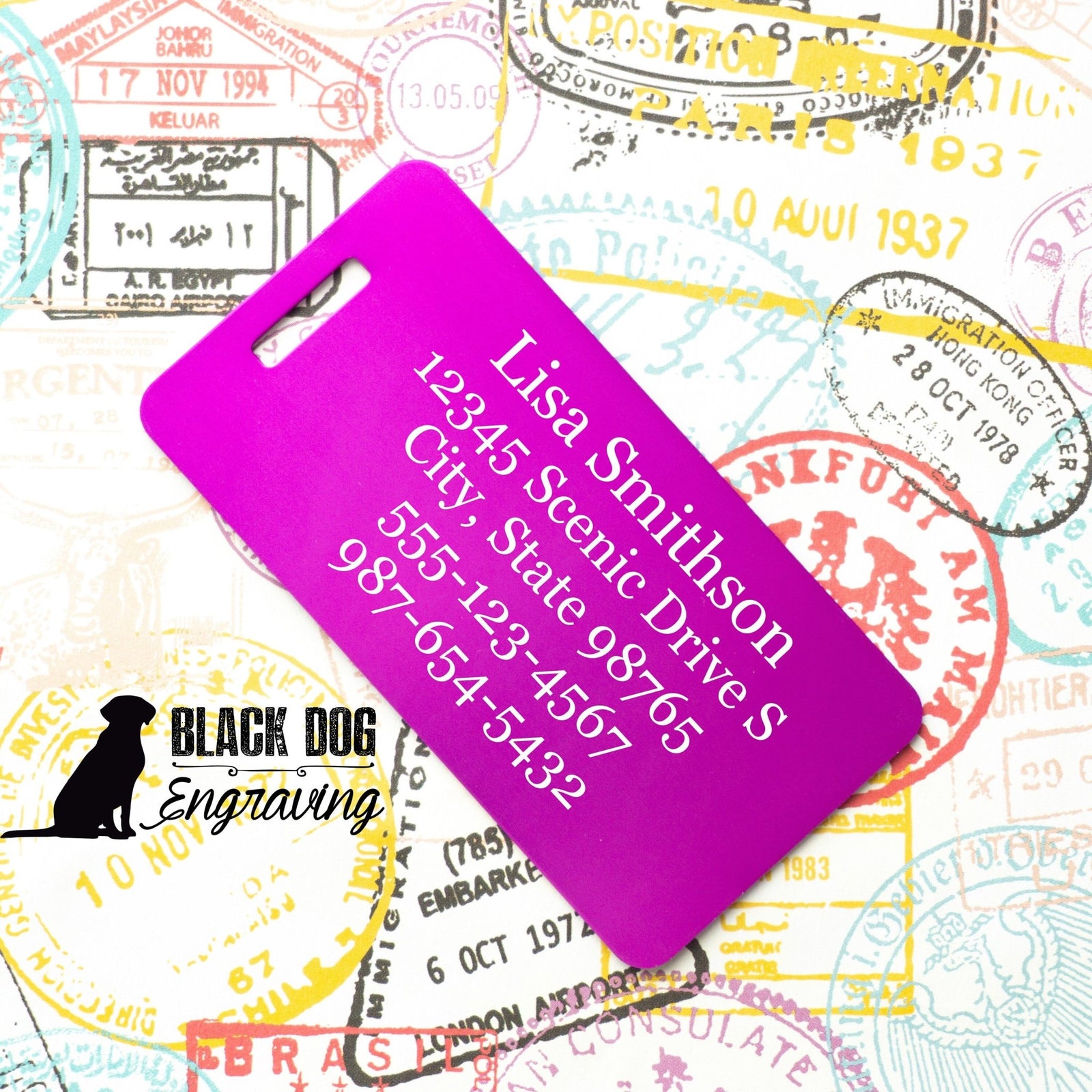 Lets Fly Away Paper Airplane Personalized Metal Luggage Tag - Black Dog Engraving