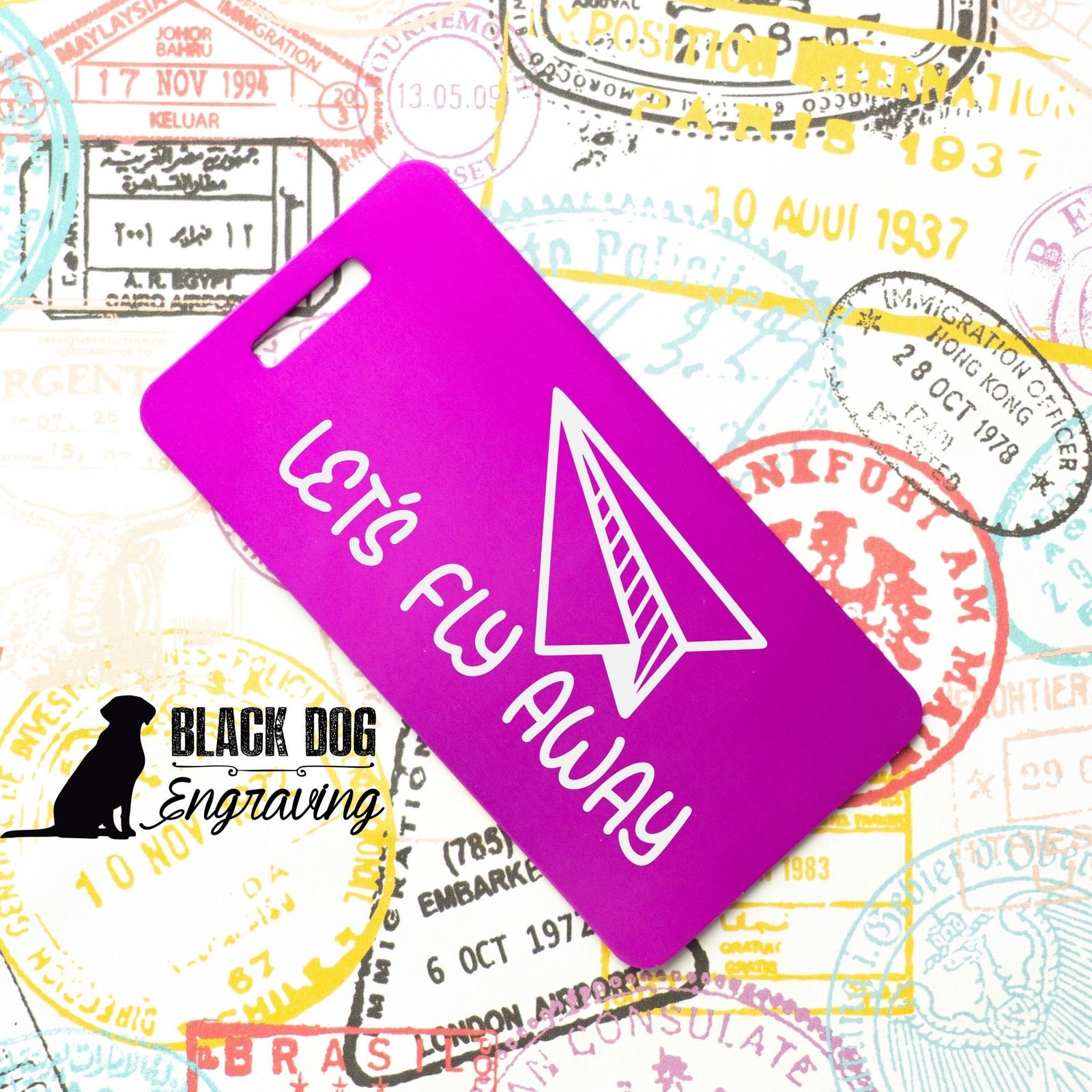 Lets Fly Away Paper Airplane Personalized Metal Luggage Tag - Black Dog Engraving