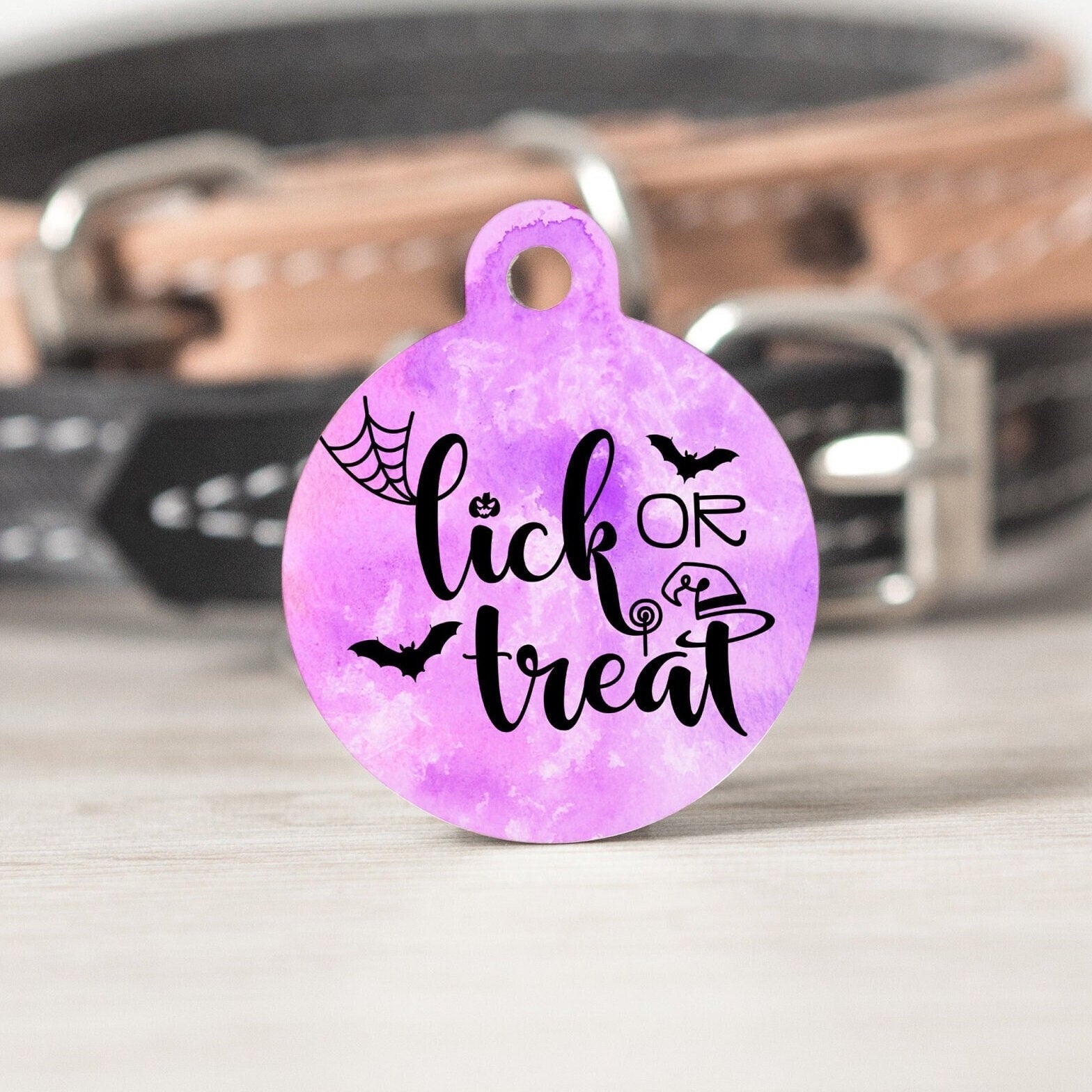 Lick or Treat Cute Round Personalized Tag - Halloween Custom Ink Infused Tag - Black Dog Engraving