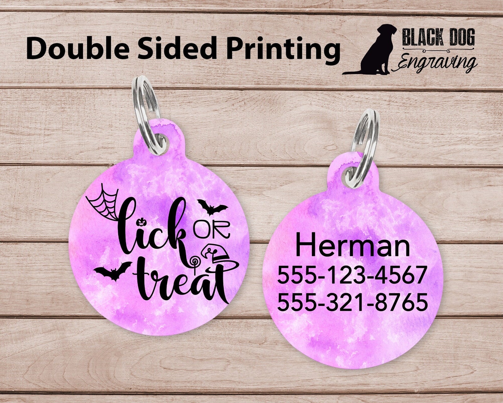 Lick or Treat Cute Round Personalized Tag - Halloween Custom Ink Infused Tag - Black Dog Engraving