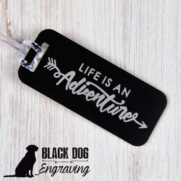 Life is An Adventure Small Personalized Luggage Bag Tag - Black Dog Engraving