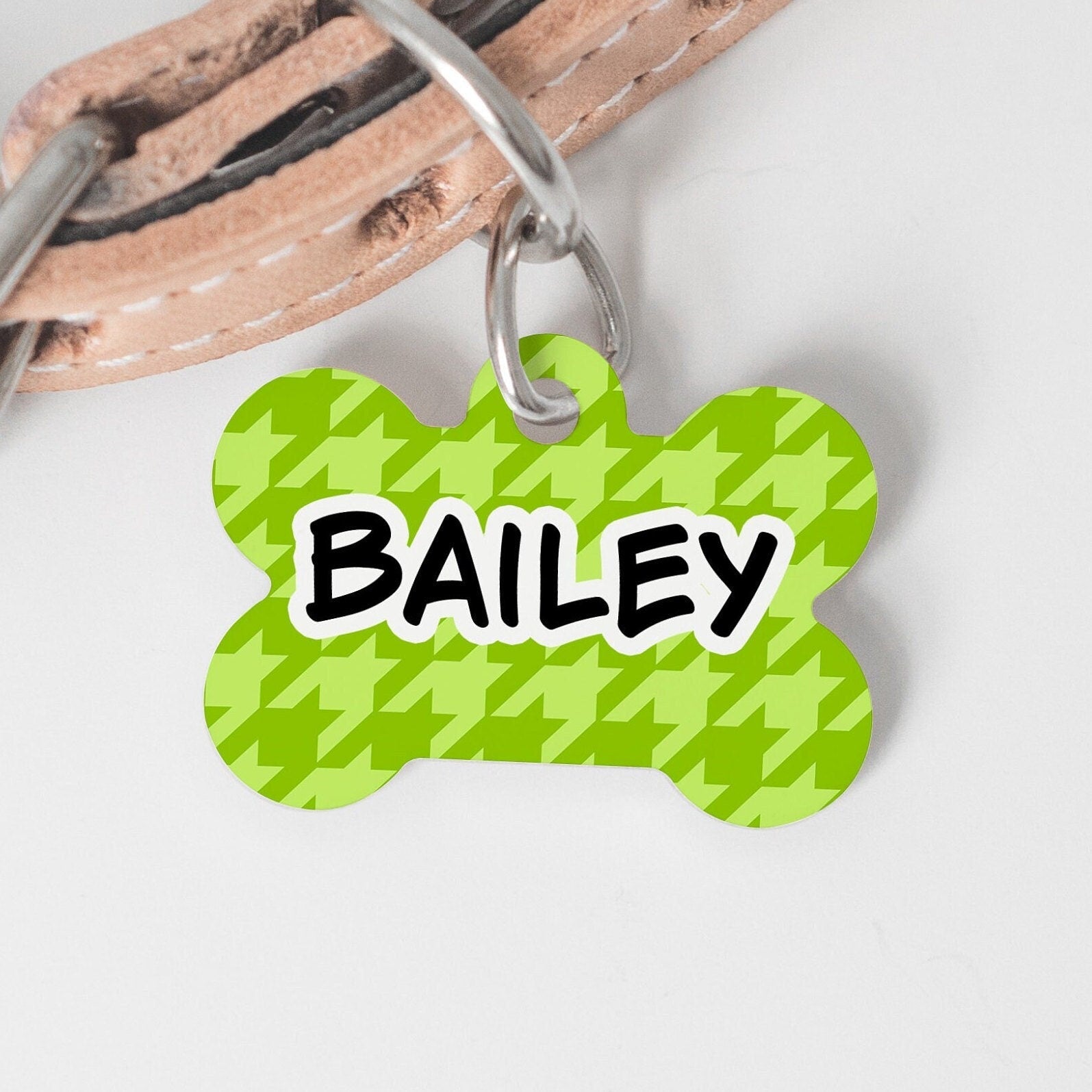 Lime Green Houndstooth Clover Medium Dog Bone Personalized Tag - Black Dog Engraving