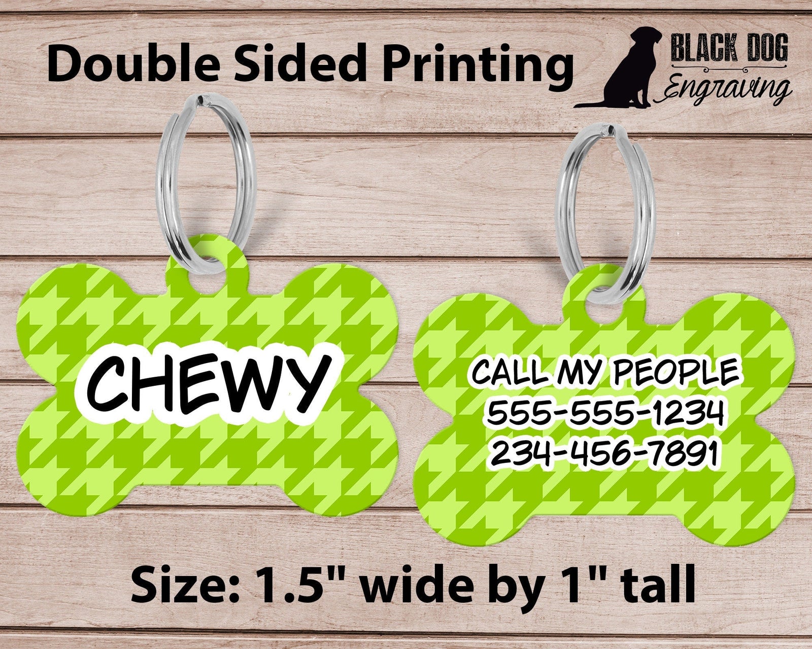 Lime Green Houndstooth Clover Medium Dog Bone Personalized Tag - Black Dog Engraving