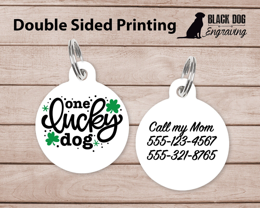 Lucky Dog Large Round Personalized Tag - St. Patrick's Day Shamrock Custom Ink Infused Tag - Black Dog Engraving