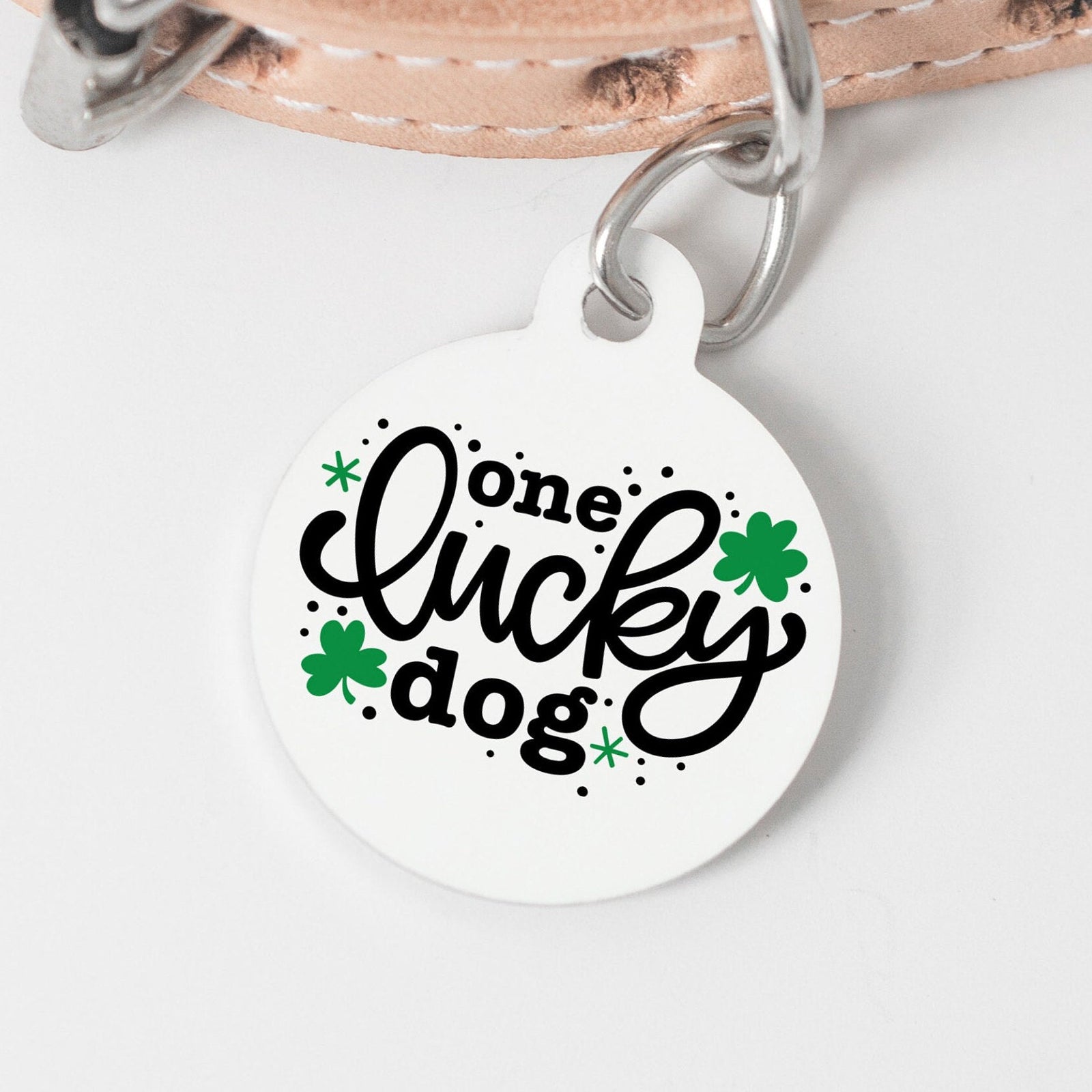 Lucky Dog Large Round Personalized Tag - St. Patrick's Day Shamrock Custom Ink Infused Tag - Black Dog Engraving