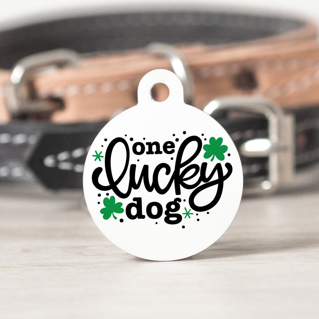 Lucky Dog Large Round Personalized Tag - St. Patrick's Day Shamrock Custom Ink Infused Tag - Black Dog Engraving