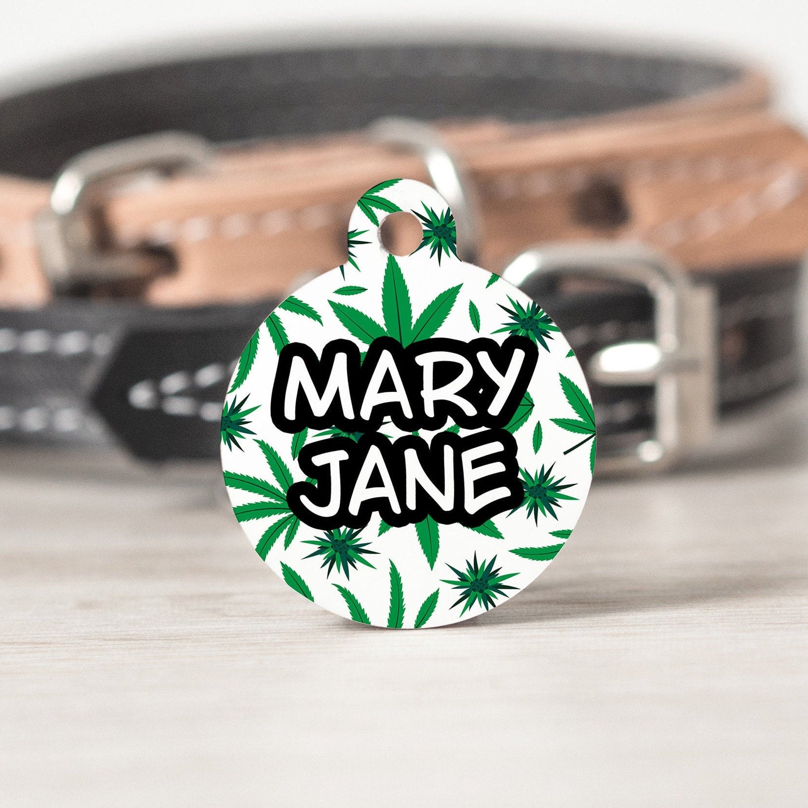 Marijuana Leaf and Stem Large Round Personalized Tag - Custom Ink Infused Tag - Black Dog Engraving