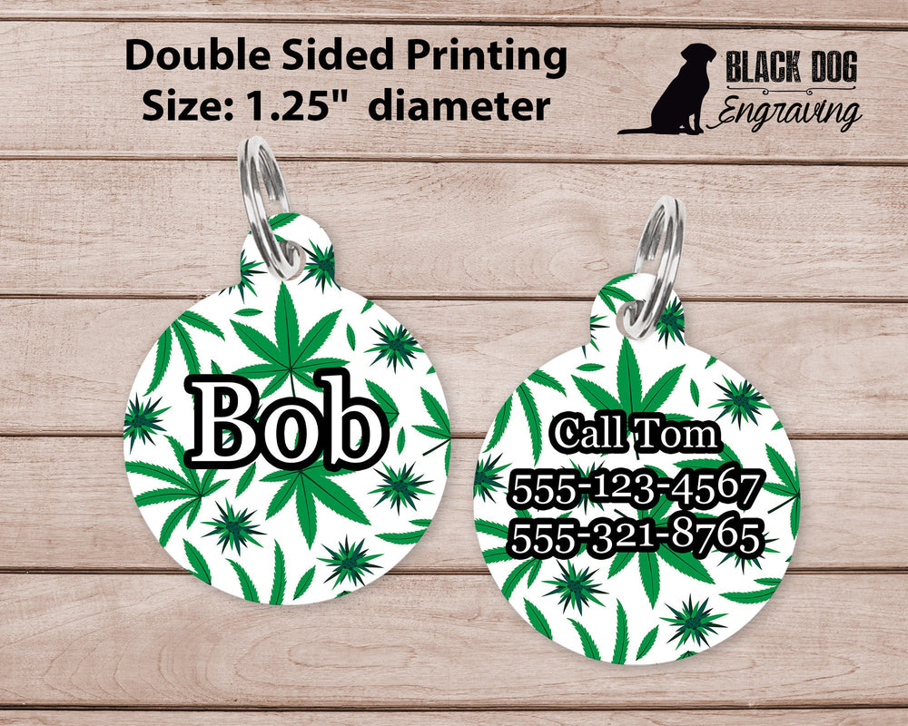 Marijuana Leaf and Stem Large Round Personalized Tag - Custom Ink Infused Tag - Black Dog Engraving