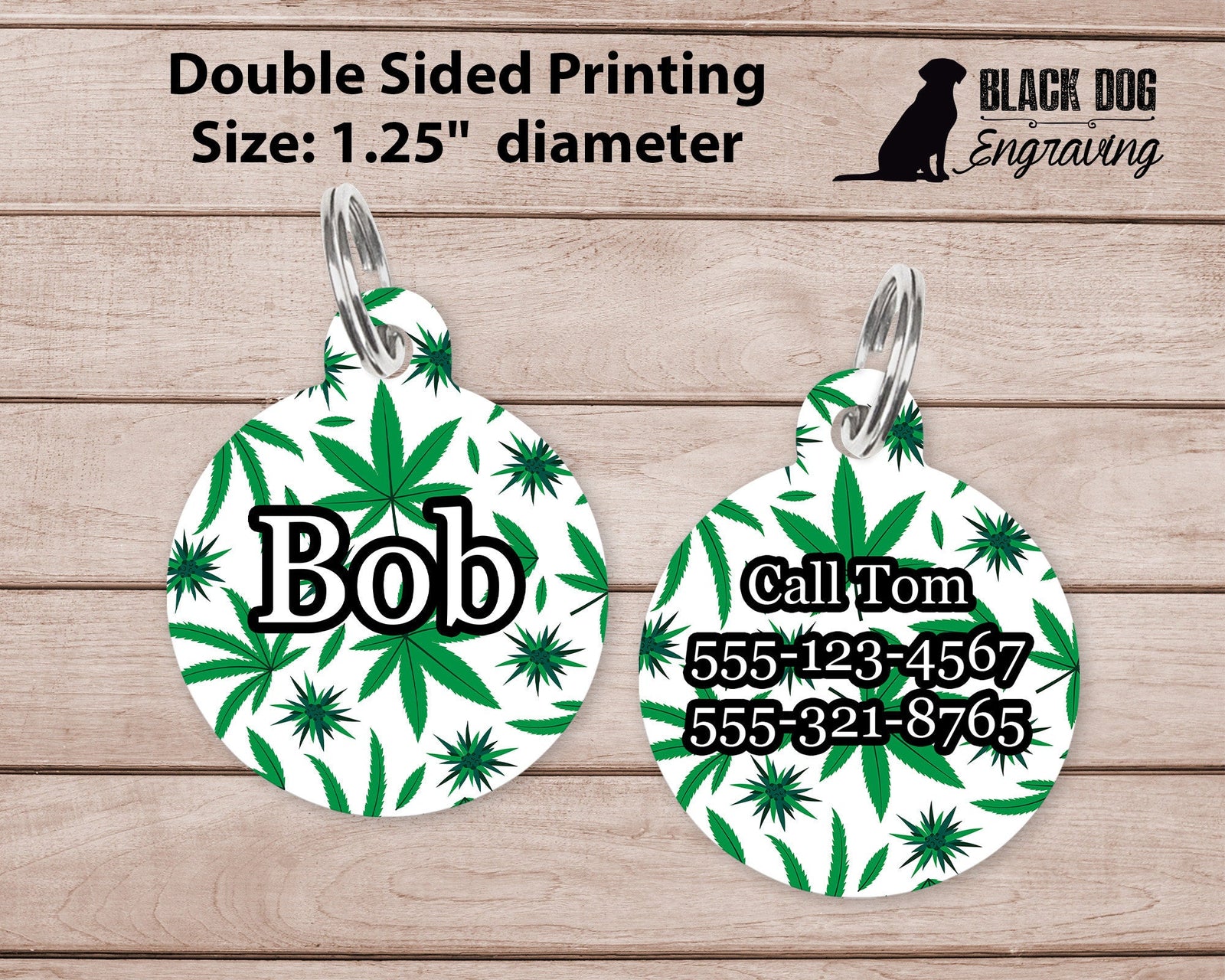 Marijuana Leaf and Stem Large Round Personalized Tag - Custom Ink Infused Tag - Black Dog Engraving