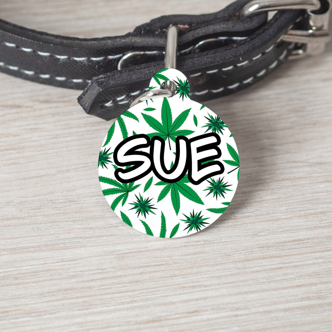 Marijuana Leaf and Stem Large Round Personalized Tag - Custom Ink Infused Tag - Black Dog Engraving