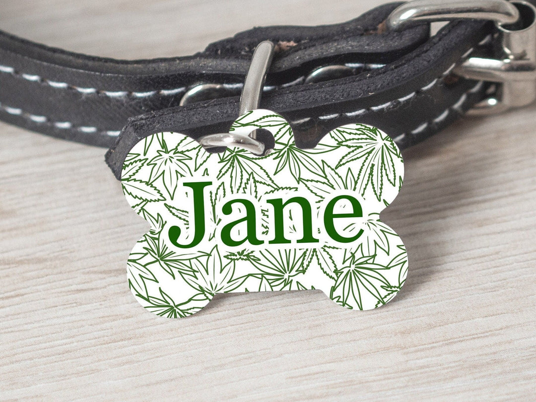 Mary Jane Pot Leaf Medium Dog Bone Personalized Tag - Black Dog Engraving