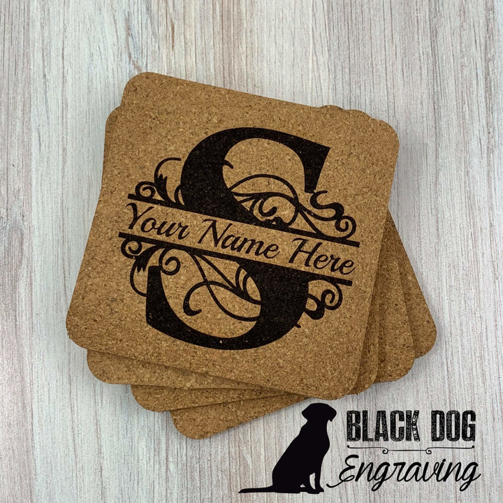 Monogrammed Square Cork Coasters (set of 4) - Black Dog Engraving