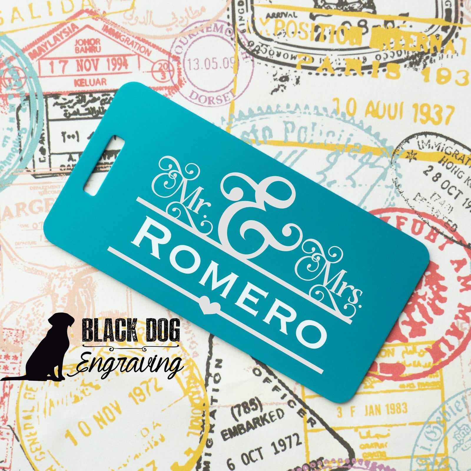 Mr. and Mrs. Honeymoon Personalized Metal Luggage Tag - Black Dog Engraving