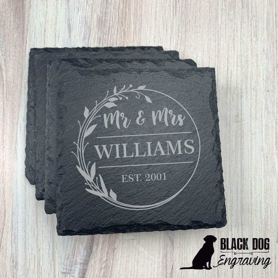 Mr. and Mrs. Name Personalized Slate Stone Coasters - SET of FOUR - Black Dog Engraving