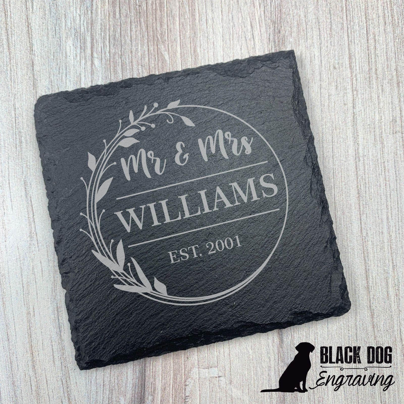 Mr. and Mrs. Name Personalized Slate Stone Coasters - SET of FOUR - Black Dog Engraving
