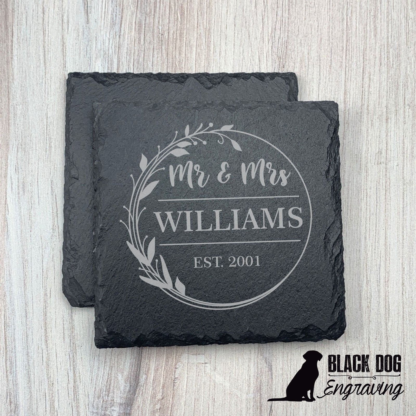 Mr. and Mrs. Name Personalized Slate Stone Coasters - SET of TWO - Black Dog Engraving