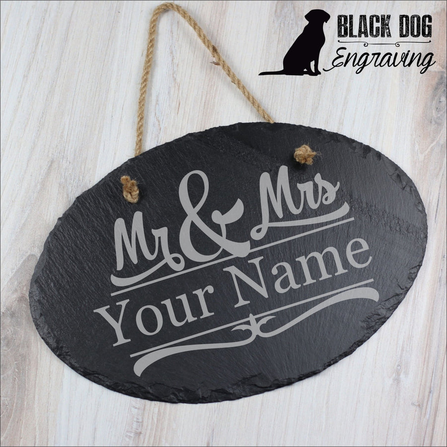 Mr & Mrs Name Large Oval Slate Sign - Black Dog Engraving
