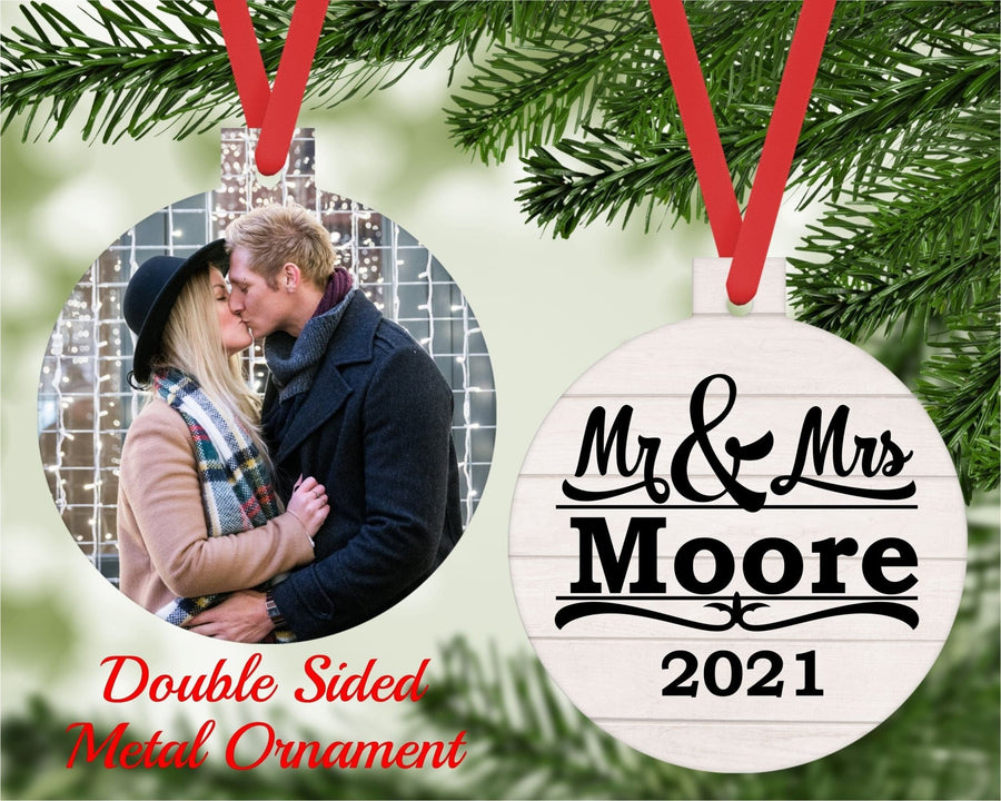 Mr. & Mrs. Photo Custom Christmas Tree Ornament - Black Dog Engraving