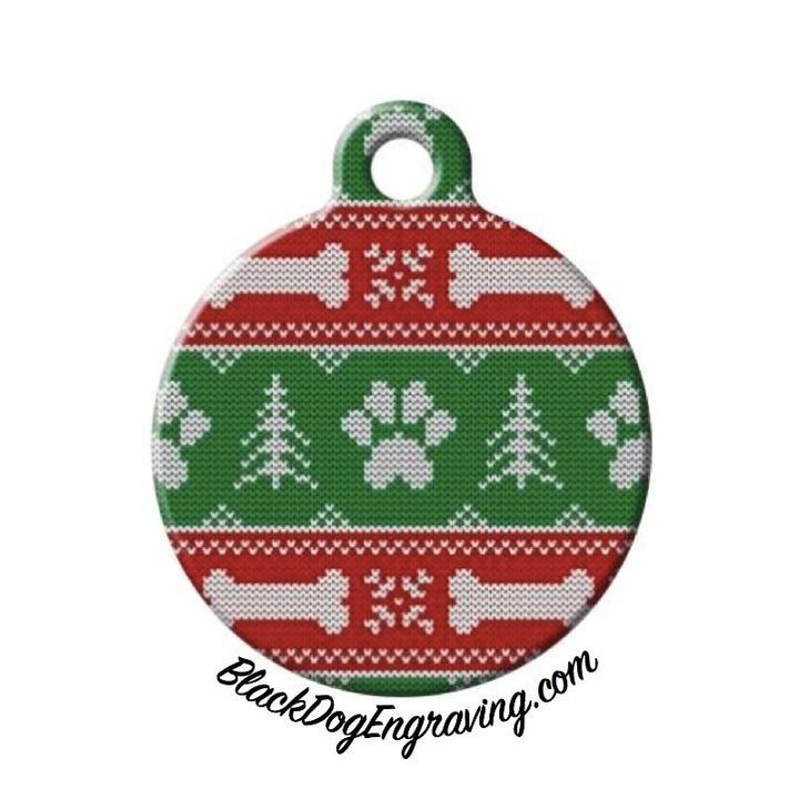 Paw Print Ugly Christmas Sweater Engraved Pet ID Tag