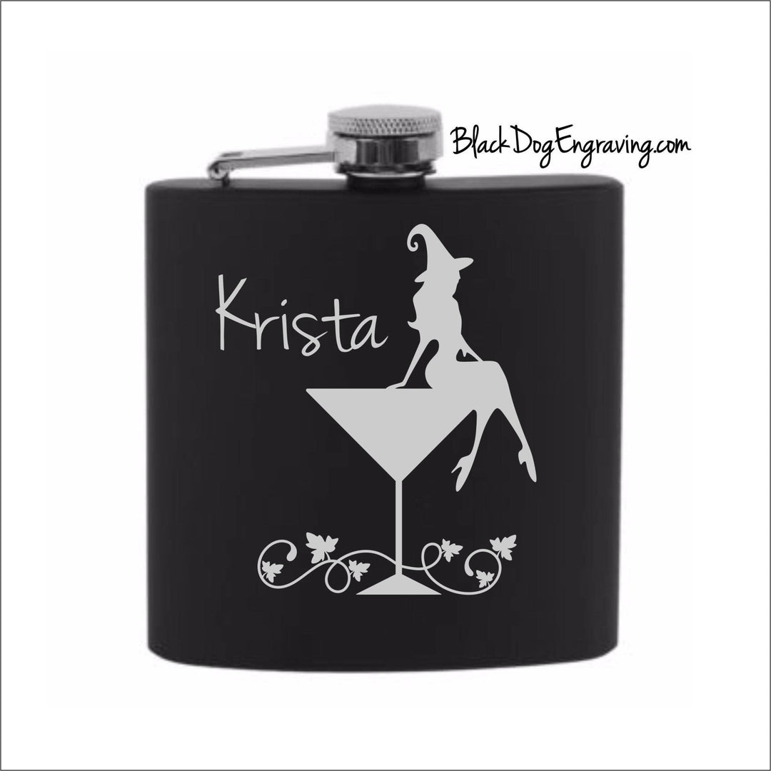 Personalized Cocktail Witch Halloween Flask - Black Dog Engraving