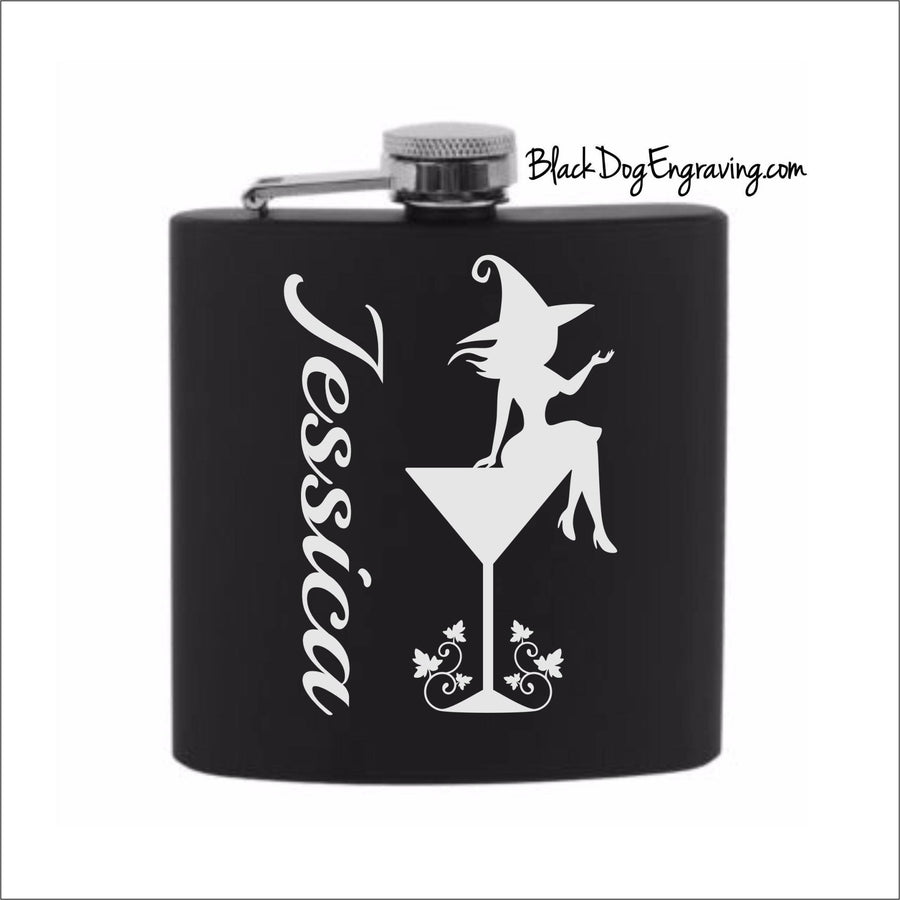 Personalized Cocktail Witch Halloween Flask with Vertical Name - Black Dog Engraving
