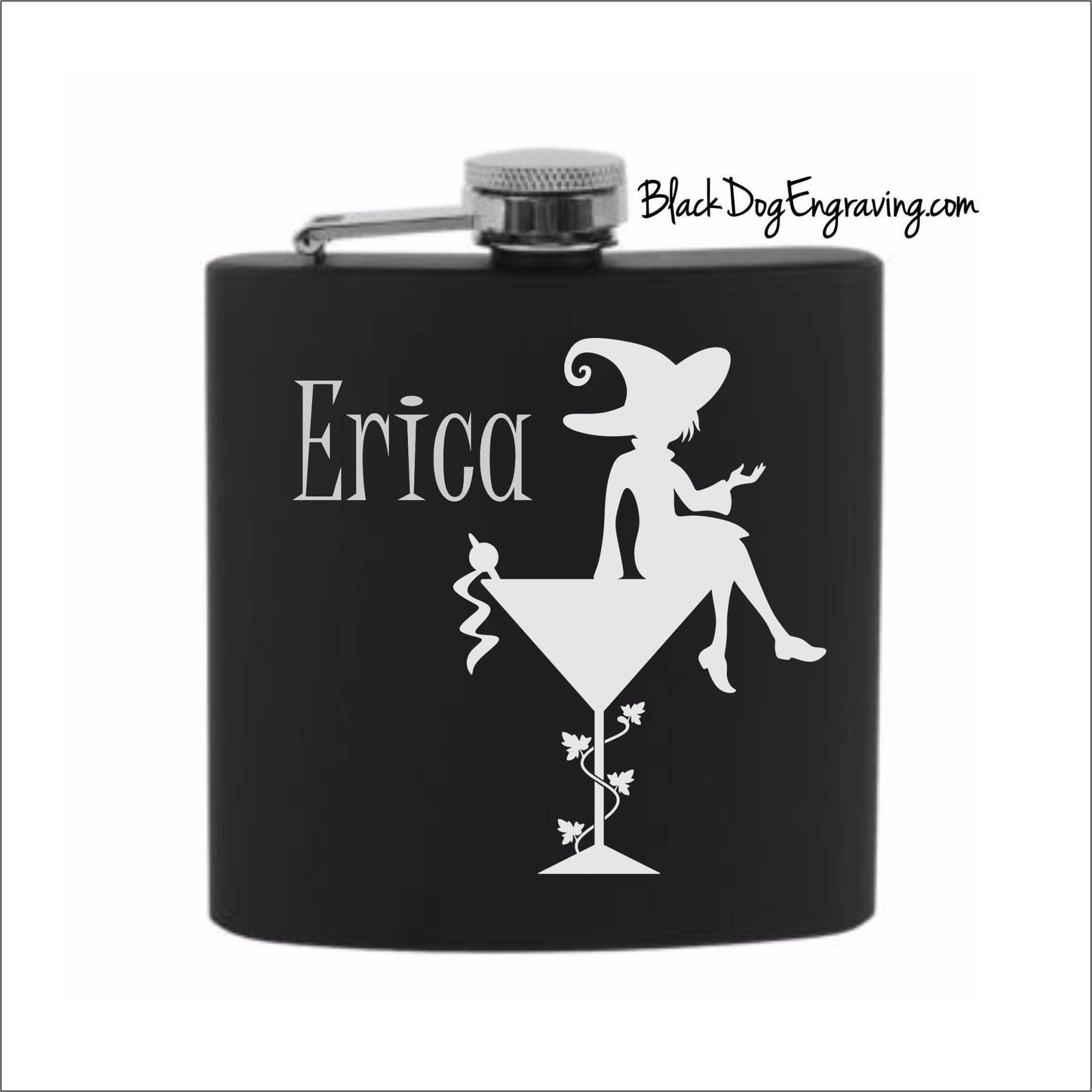 Personalized Martini Cocktail Witch Halloween Flask - Black Dog Engraving