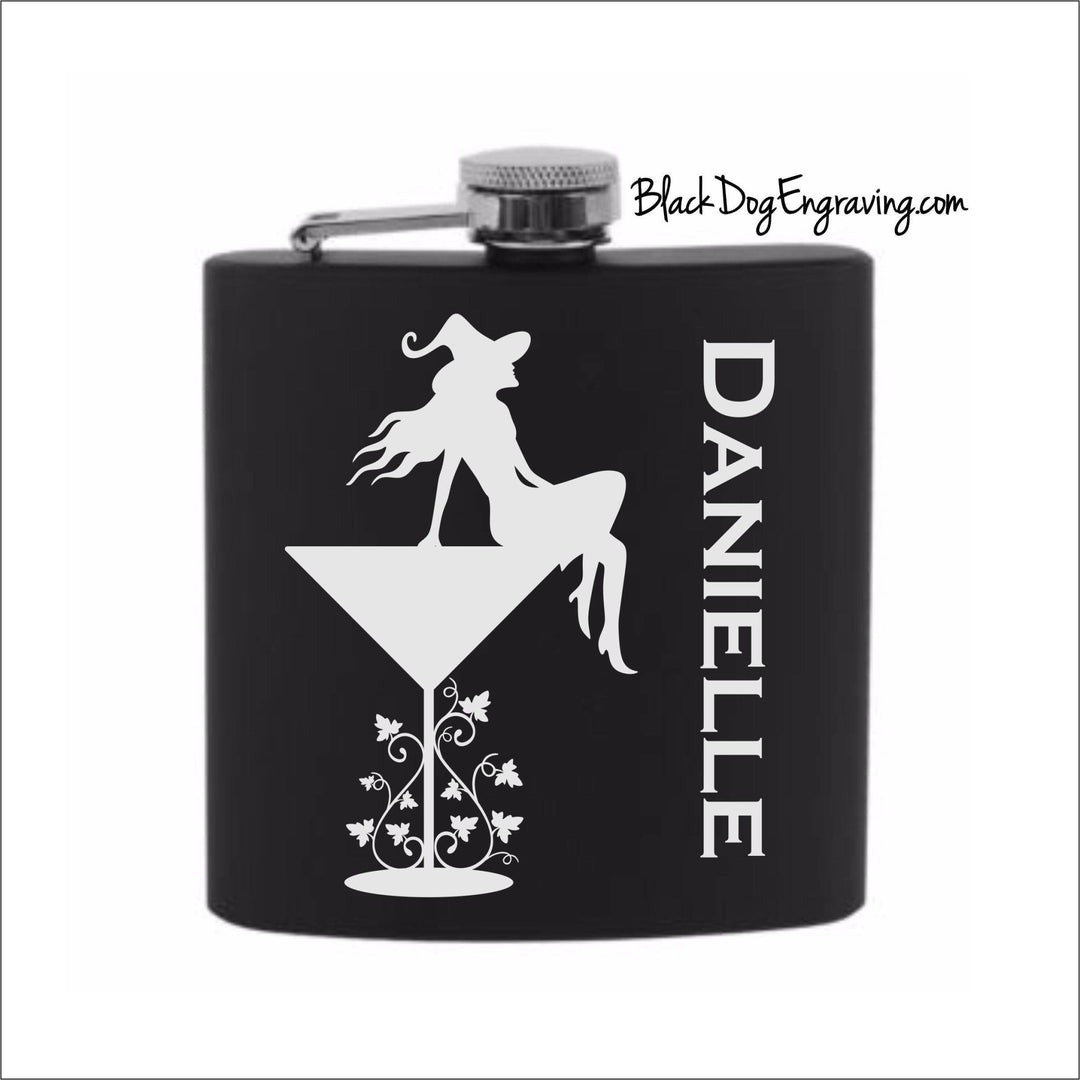 Personalized Martini Witch Halloween Flask with Vertical Name - Black Dog Engraving
