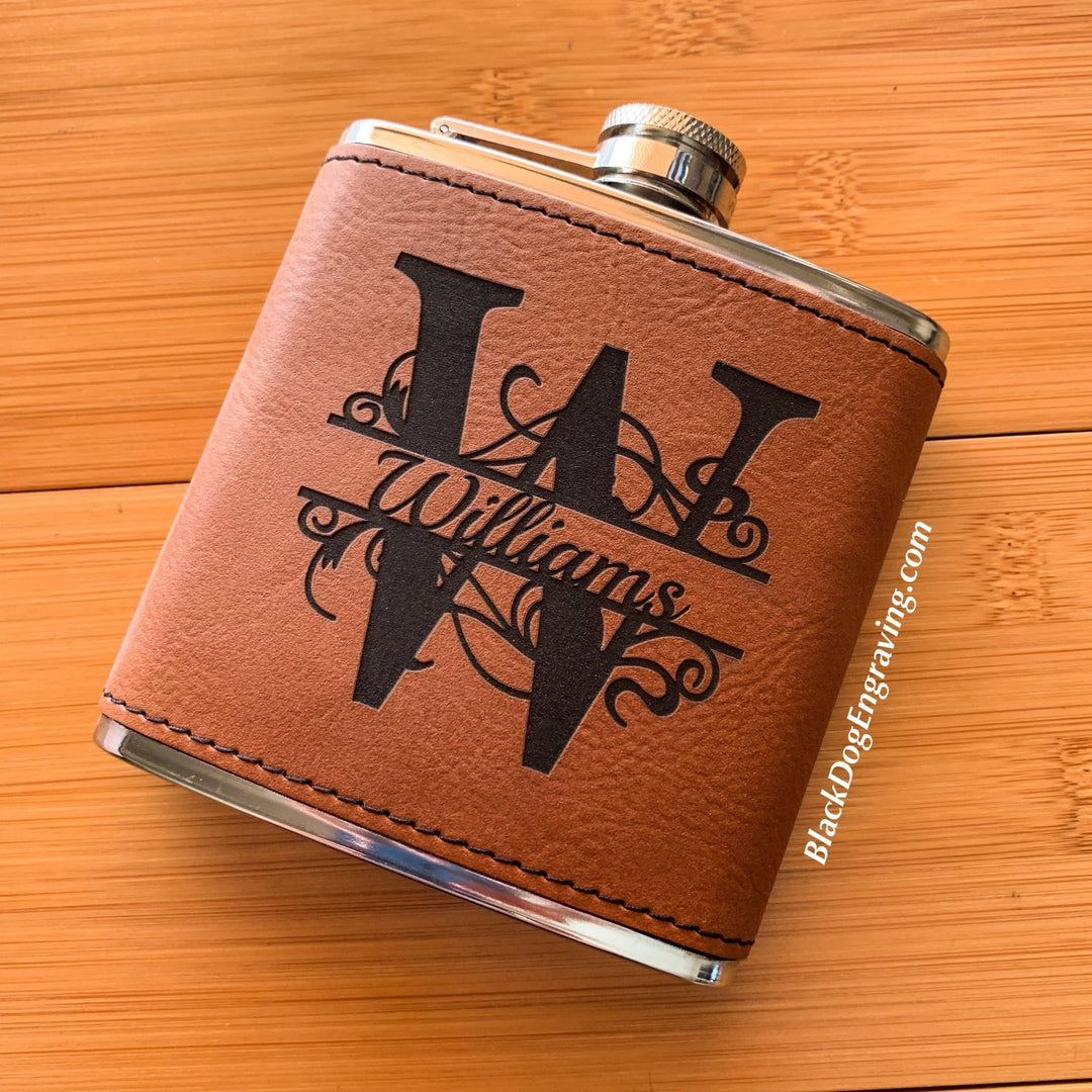Personalized Monogram Name Faux Leather Wrapped Flask - Black Dog Engraving