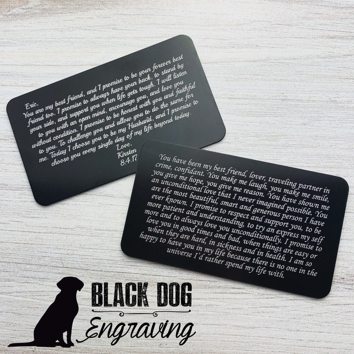 Personalized Wedding Vows Aluminum Wallet Card - Black Dog Engraving