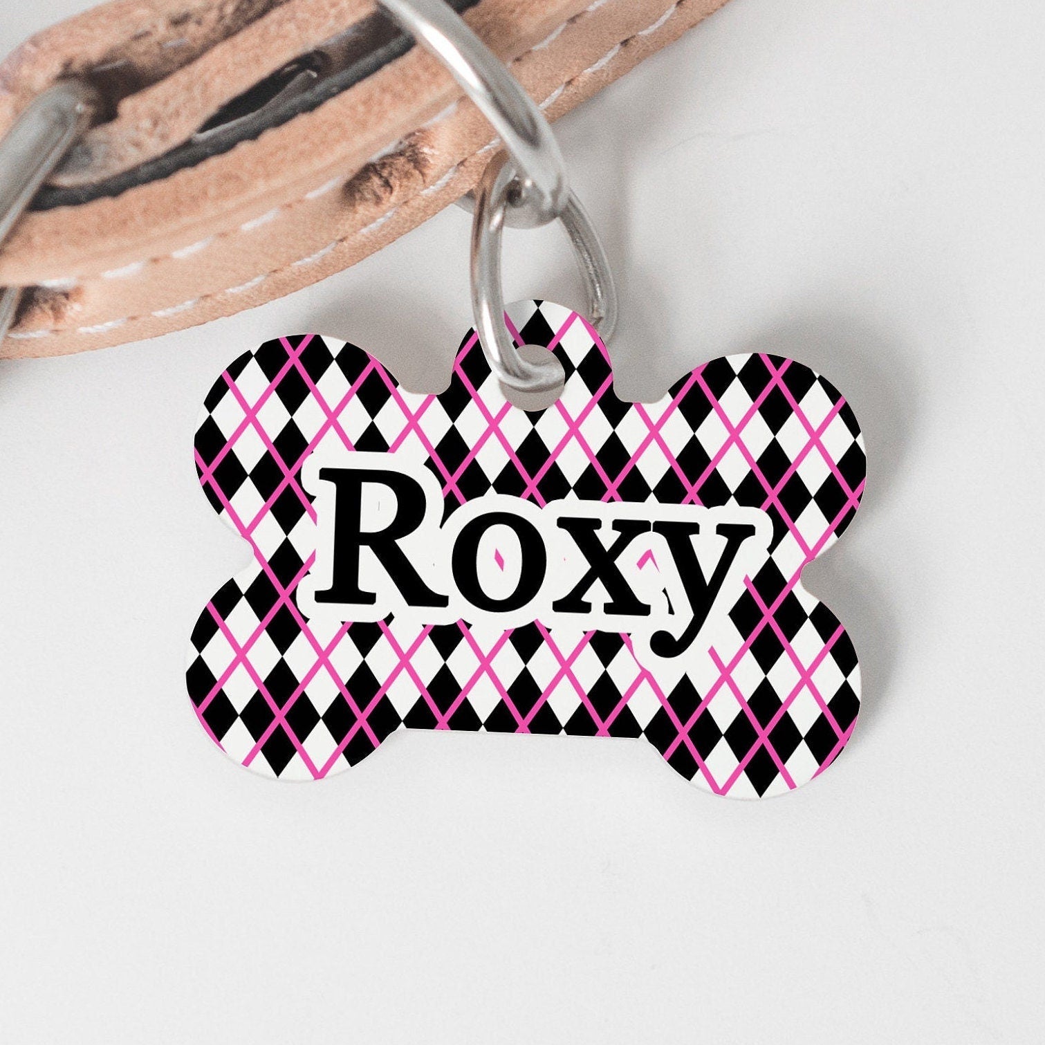 Pink and Black Diamond Medium Dog Bone Personalized Tag - Black Dog Engraving