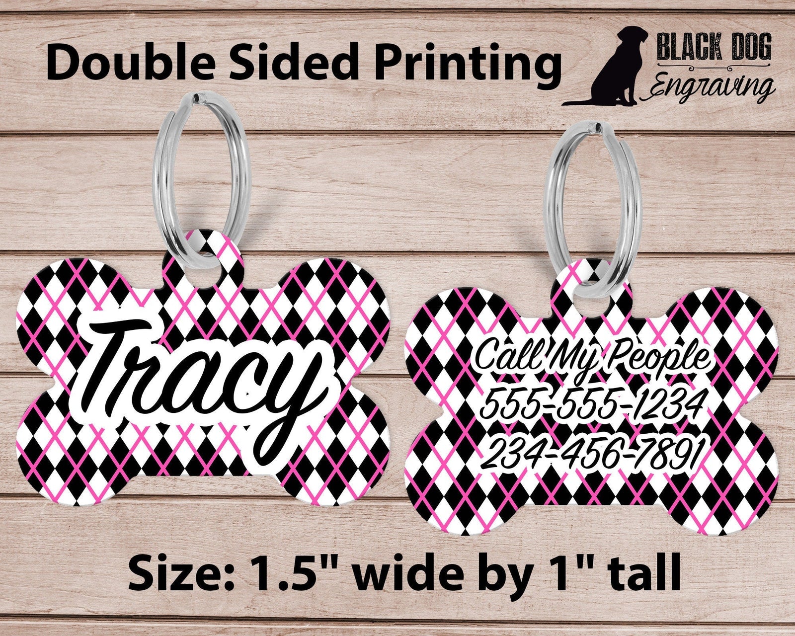 Pink and Black Diamond Medium Dog Bone Personalized Tag - Black Dog Engraving