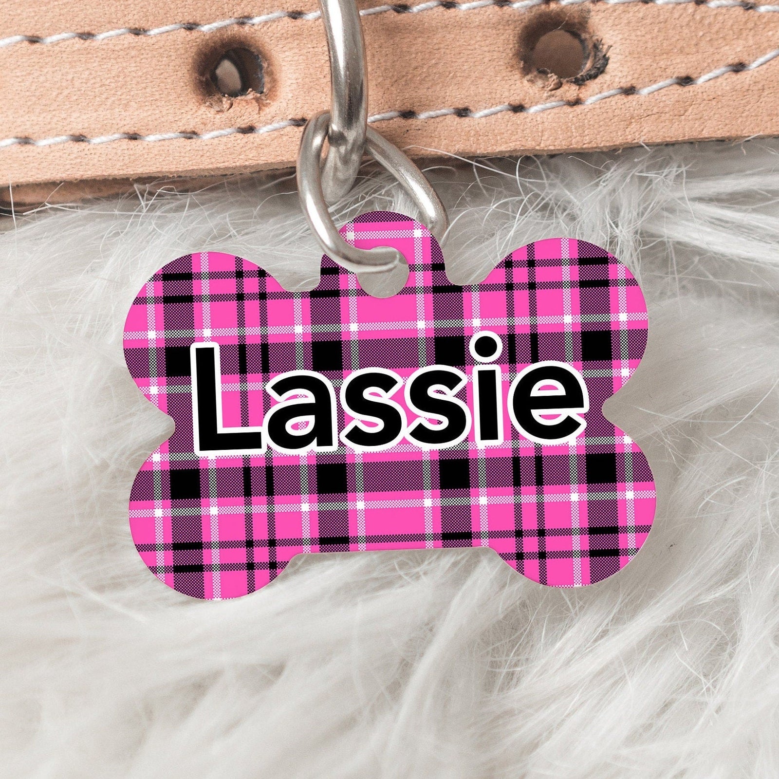 Pink and Black Plaid Medium Dog Bone Personalized Tag - Black Dog Engraving