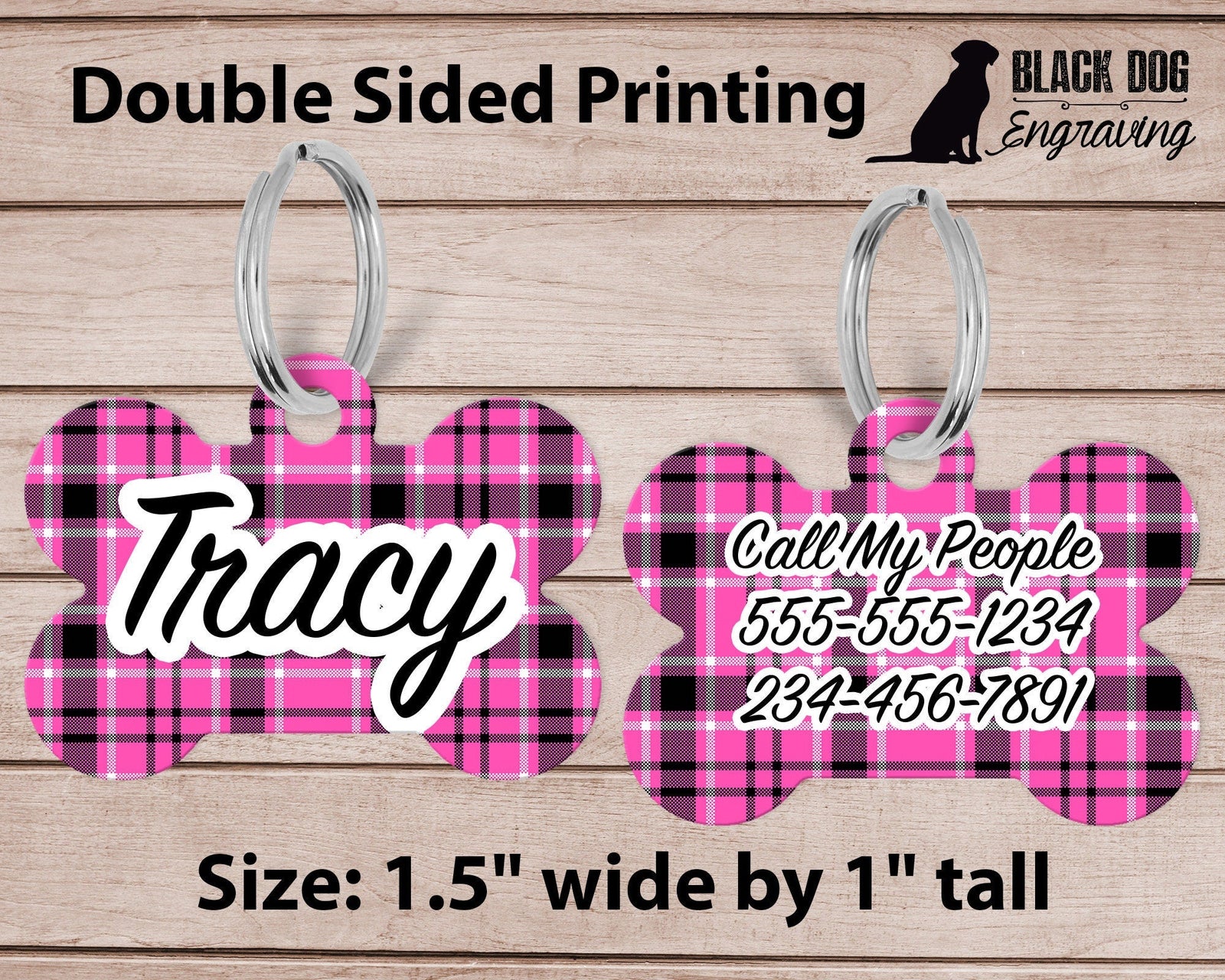Pink and Black Plaid Medium Dog Bone Personalized Tag - Black Dog Engraving