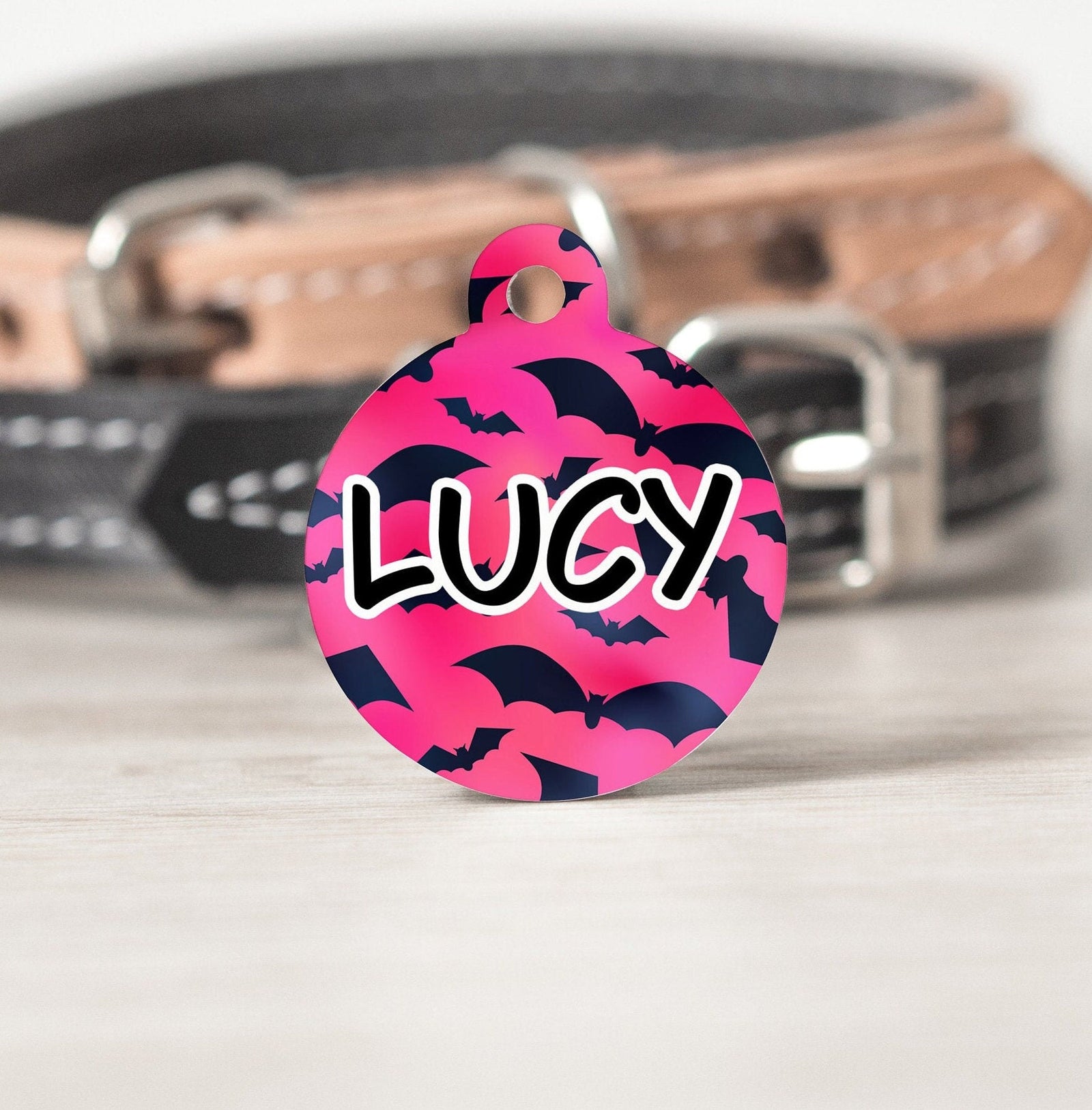 Pink Bats Spooky Halloween Round Personalized Tag - Black Dog Engraving