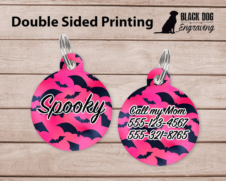 Pink Bats Spooky Halloween Round Personalized Tag - Black Dog Engraving