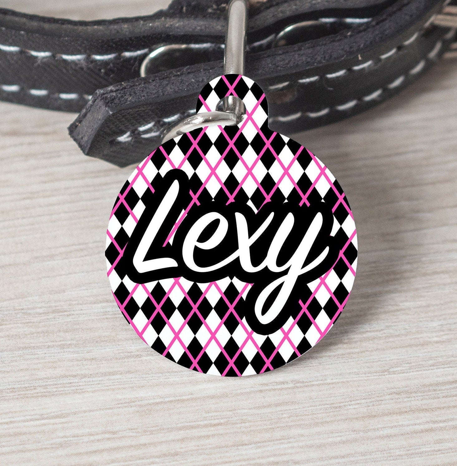 Pink Black Diamond Large Round Personalized Tag - Black Dog Engraving