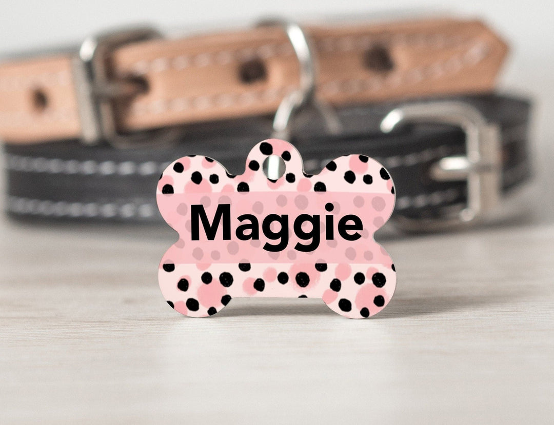 Pink & Black Polka Dot Medium Dog Bone Personalized Tag - Black Dog Engraving