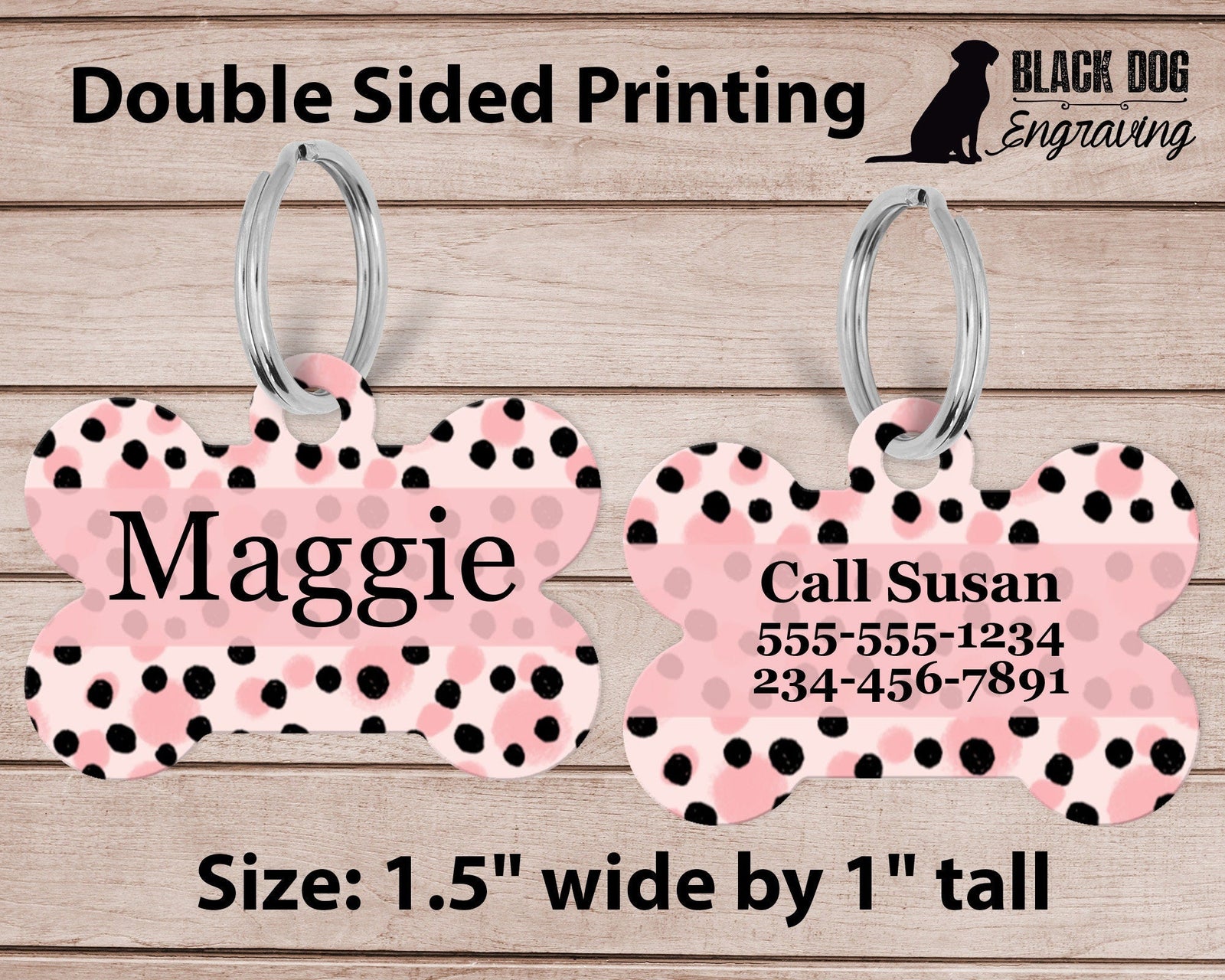 Pink & Black Polka Dot Medium Dog Bone Personalized Tag - Black Dog Engraving