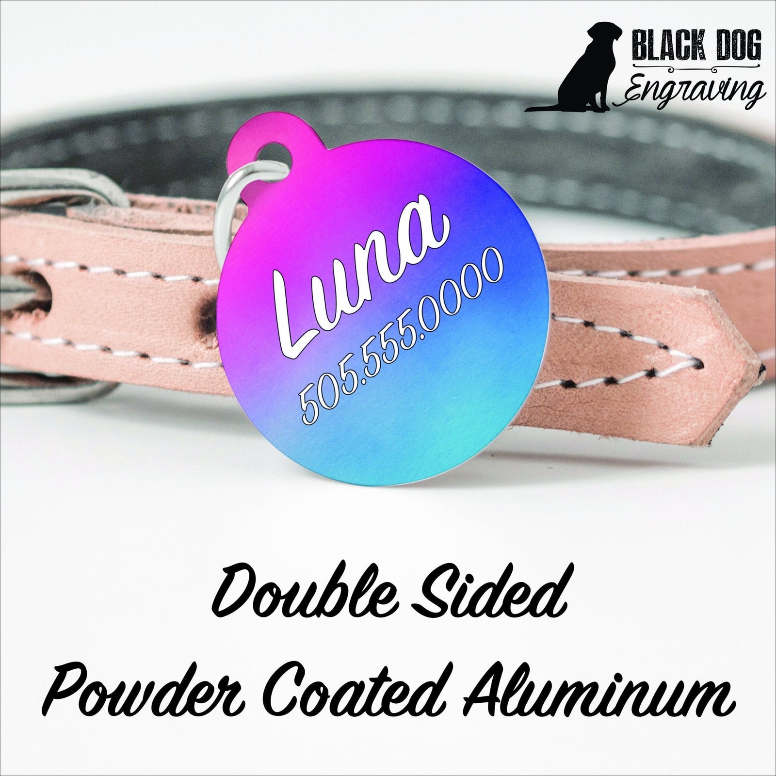 Pink Purple Blue Ombre Personalized Pet Tag - Powder Coated Aluminum - Full Color Permanent Ink Infused - Black Dog Engraving