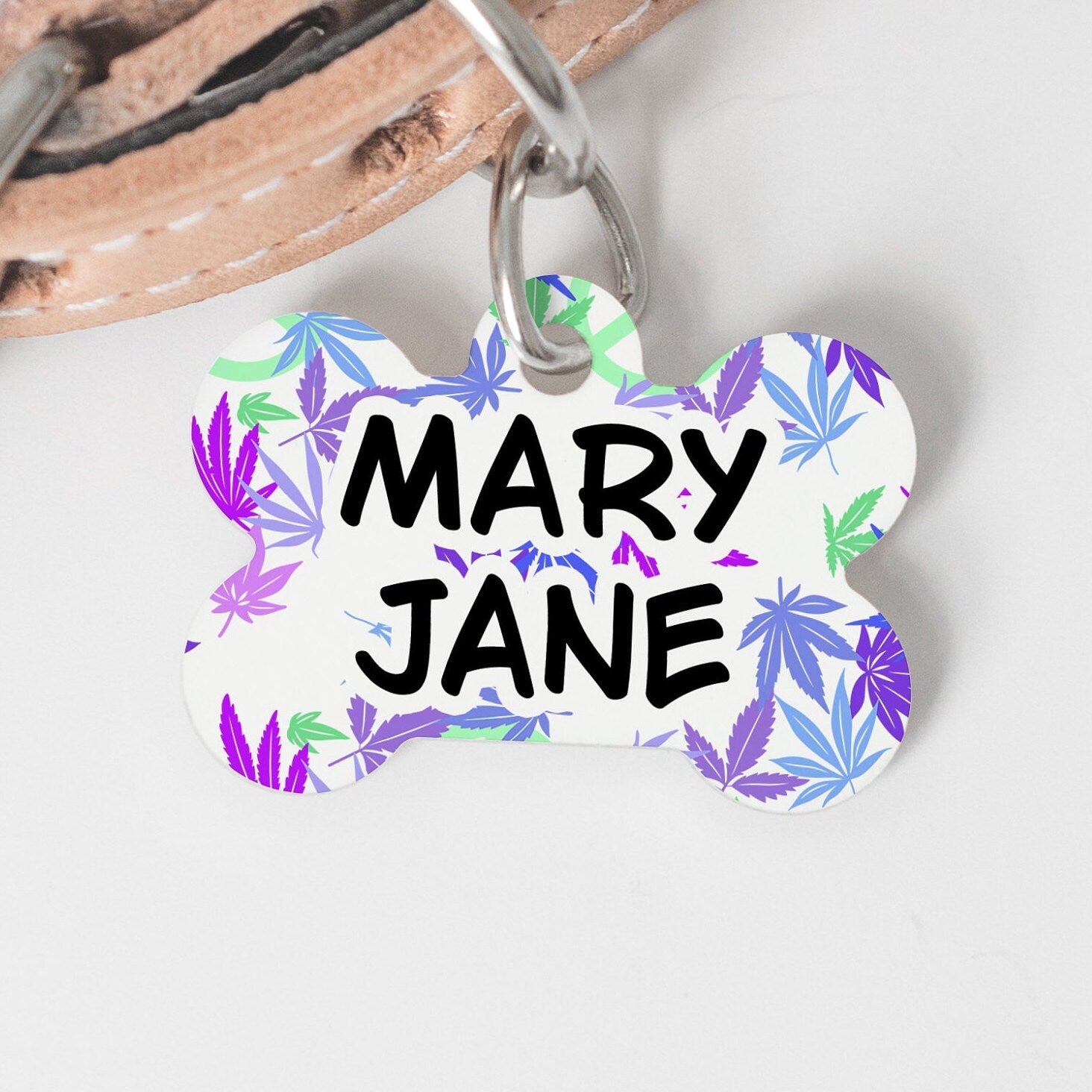 Pretty Pot Leaf Blue Purple Medium Dog Bone Personalized Tag - Black Dog Engraving
