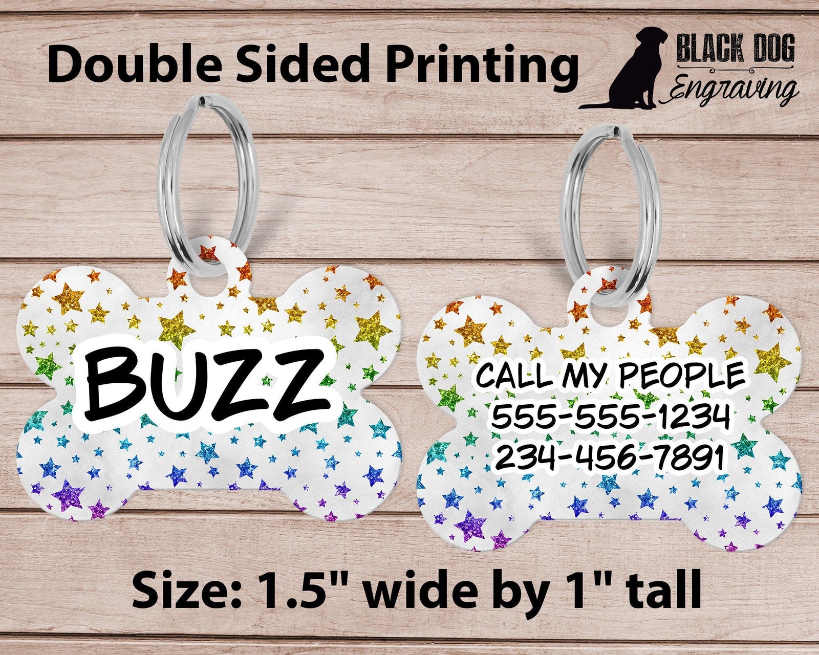 Pride Rainbow Stars Medium Dog Bone Personalized Tag - Black Dog Engraving