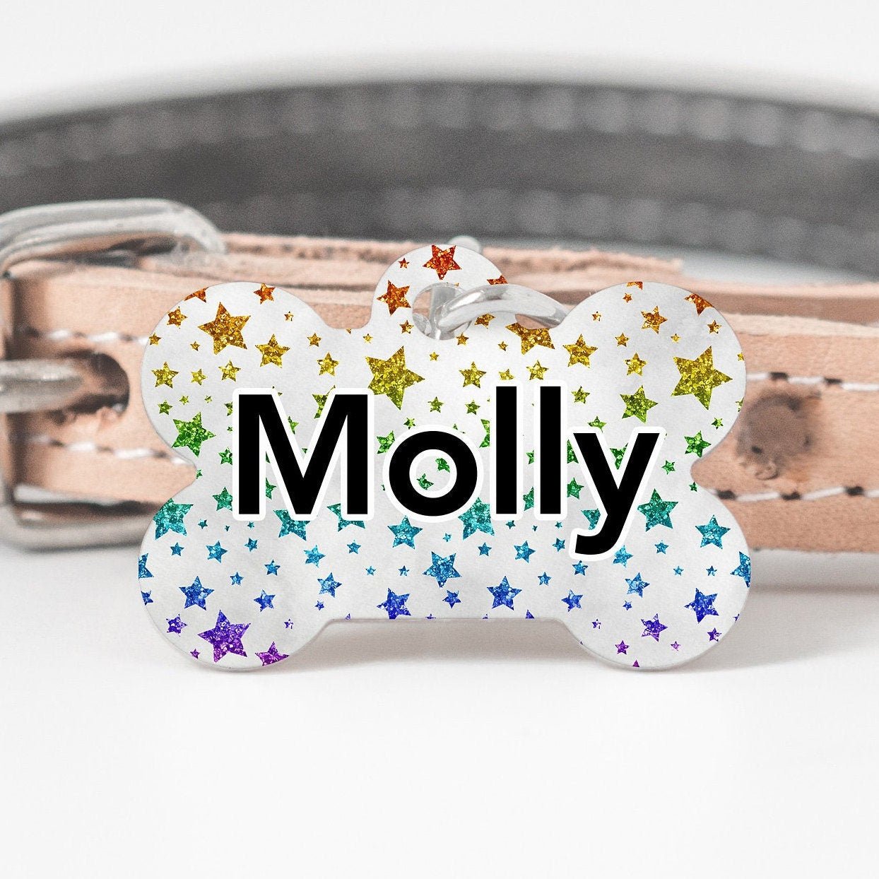 Pride Rainbow Stars Medium Dog Bone Personalized Tag - Black Dog Engraving