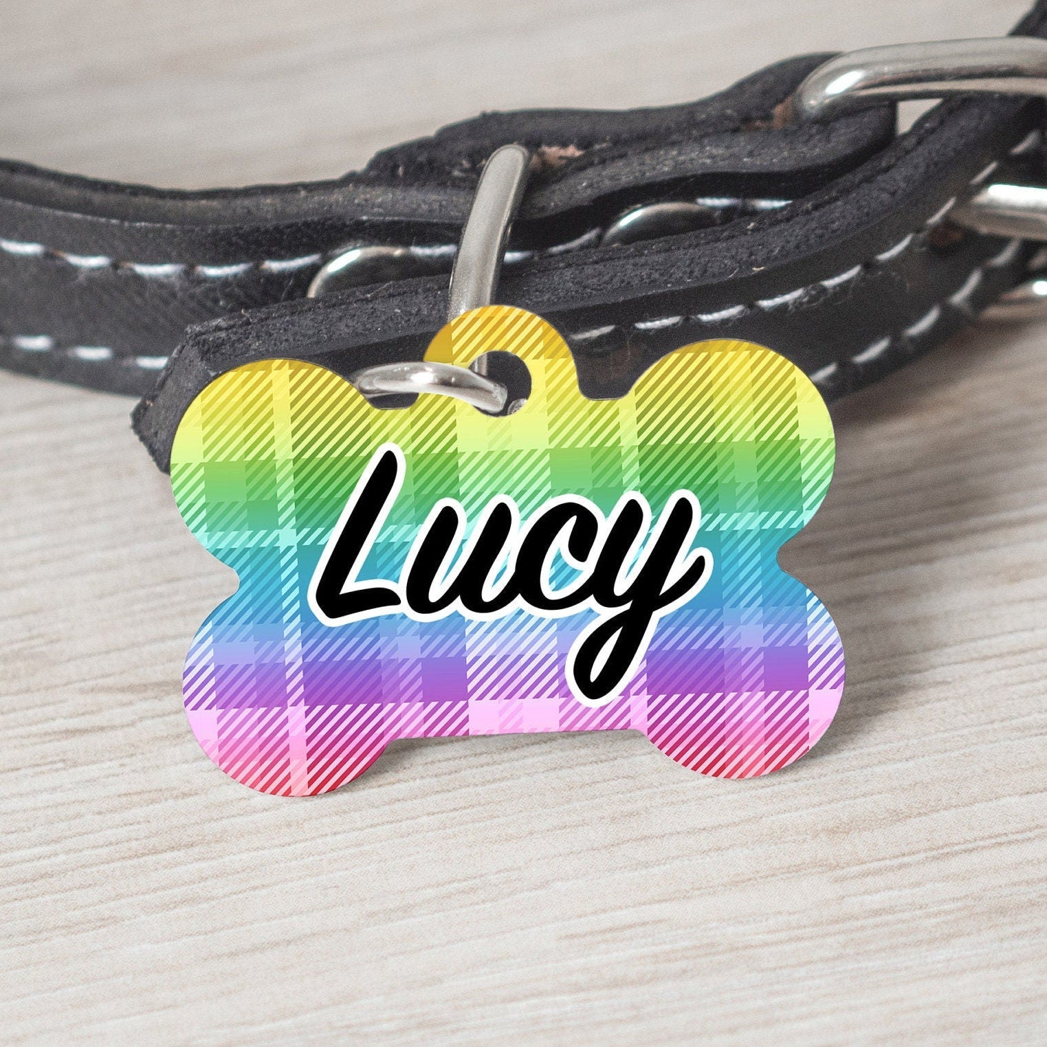 Rainbow Plaid Medium Dog Bone Personalized Tag - Black Dog Engraving