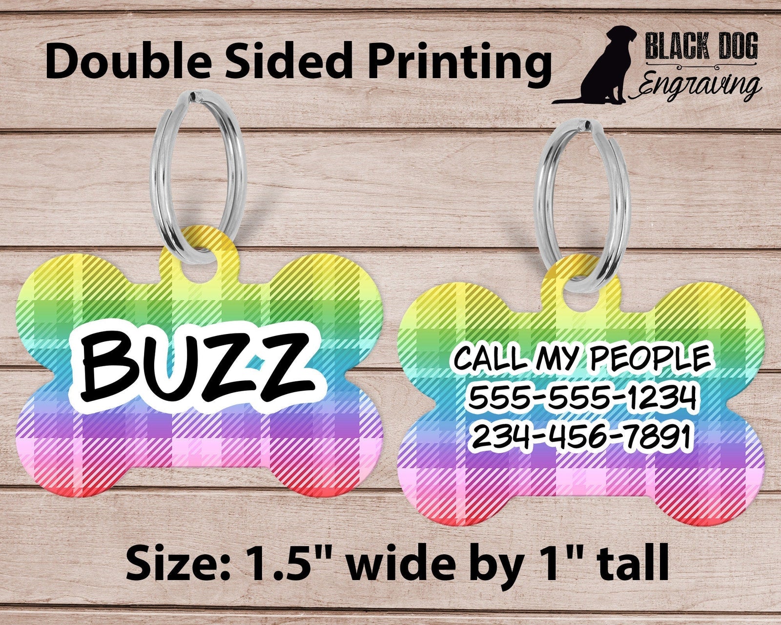 Rainbow Plaid Medium Dog Bone Personalized Tag - Black Dog Engraving