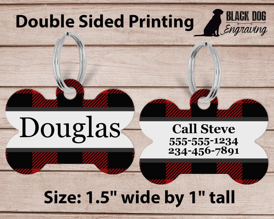 Red & Black Plaid Dog Bone Personalized Tag - Black Dog Engraving