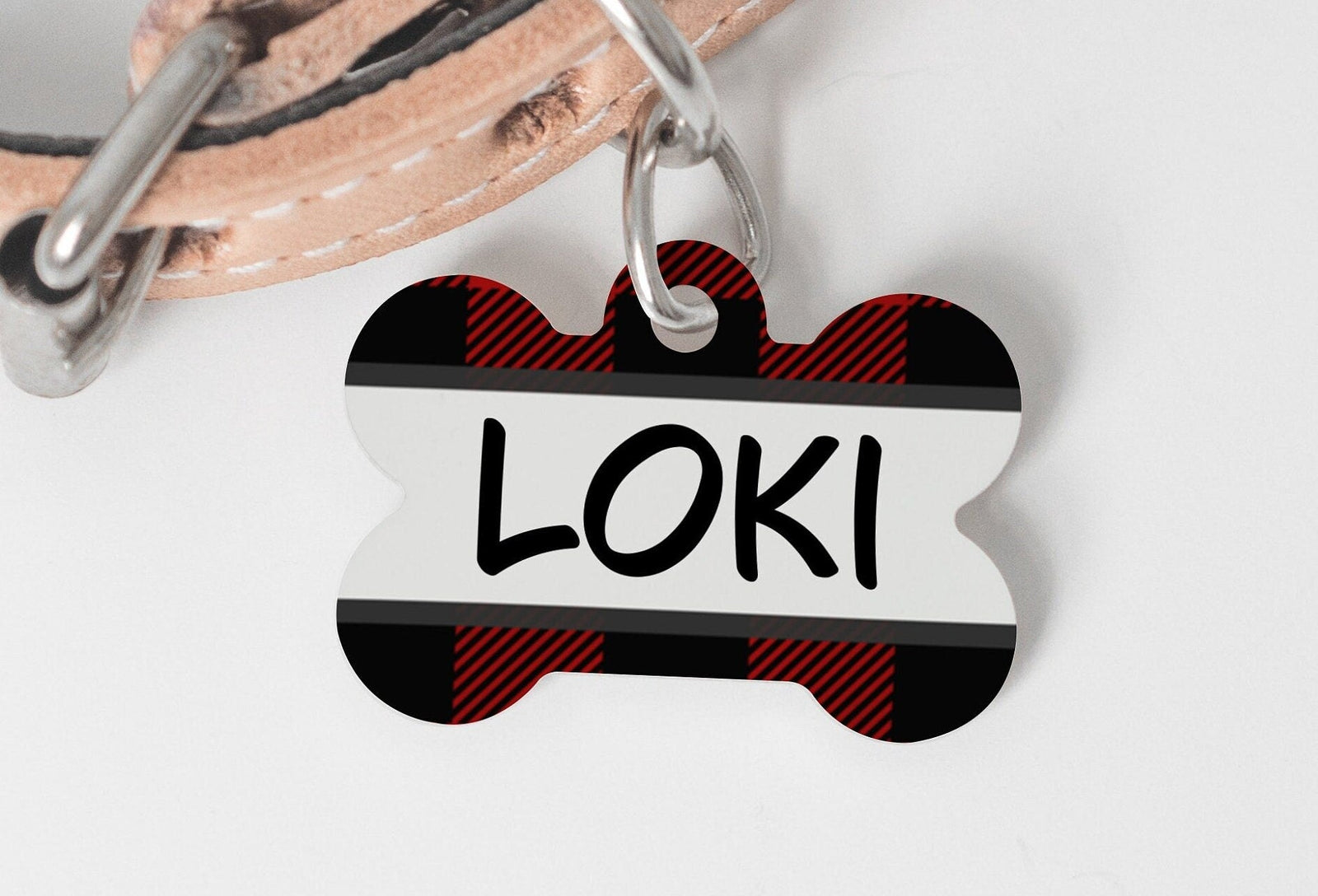 Red & Black Plaid Dog Bone Personalized Tag - Black Dog Engraving