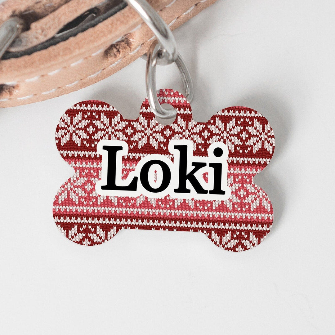 Red Holiday Knit Sweater Medium Dog Bone Personalized Tag - Black Dog Engraving
