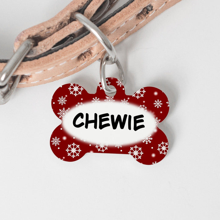 Red Snowflake Christmas Medium Dog Bone Personalized Tag